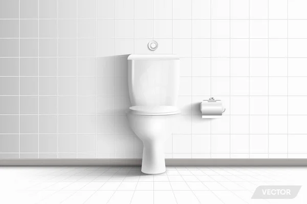 Ρεαλιστική λεκάνη τουαλέτας και μοντέρνα αρχιτεκτονική του εσωτερικού δωματίου ανάπαυσης και διακοσμητικό σχέδιο., WC υγιεινής κάθισμα σε κεραμικά πλακίδια φόντο. Ανάπτυξη 3D ιδέα δημιουργικό σχέδιο, εικονογράφηση. — Διανυσματικό Αρχείο