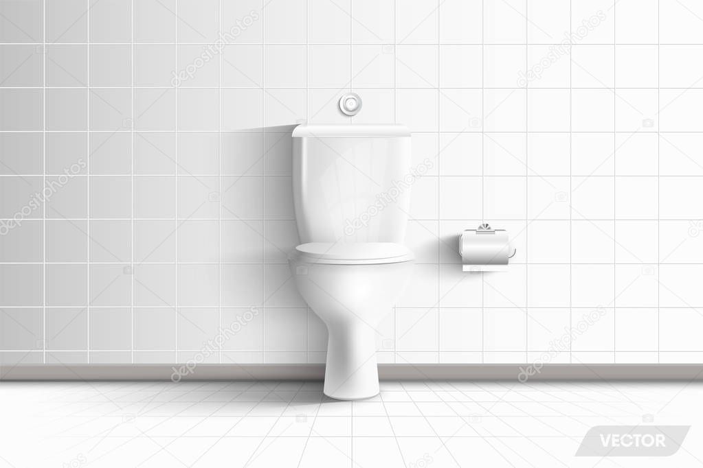 Realistic Toilet Bowl and Modern Architecture of  Interior Resting Room and Decorative Design., WC Hygiene Seat on Ceramic Tiles Background. Vector 3D Idea Creative Design, Illustration.