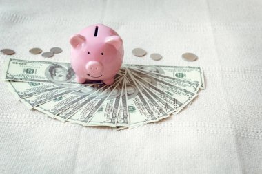 Piggy Bank Close-Up Düzeni, Para Nakit, Yatak Odası Sikkeler, İş Bankacılığı ve Finansal Kavramı