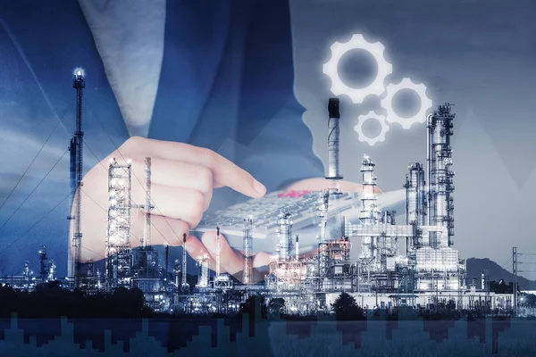 Business Accounting and Financial Trading Double Exposure Concept, Closeup of Business Woman Using Calculator Against Oil Refinery Plant Background., Strategy Marketing estate and Corporation.