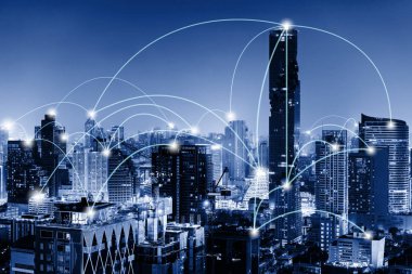 Ağ Telekomünikasyon ve İletişim Bağlantı Kavramı, Gece Sahne altyapı ve Cityscape Bağlantı 5g Ağ Sistemi. Teknoloji Dijital Bağlantı ve Bilgi Aktarımı