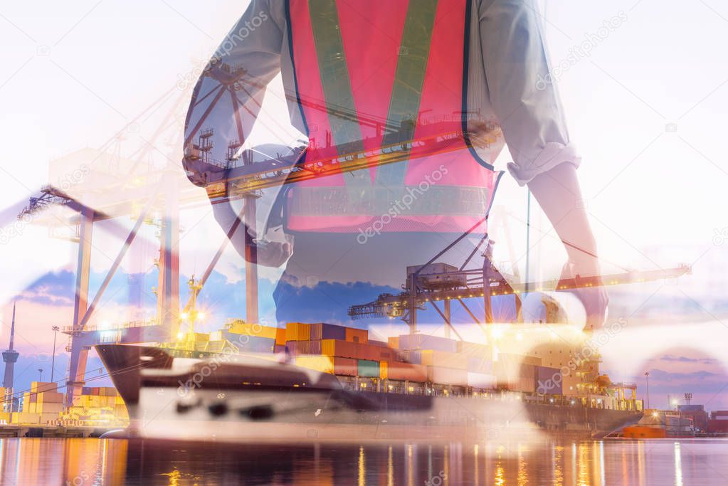 Double Exposure of Engineer in Safety Equipment on Shipping Terminal Industry Background, Technician Man Operator of Handling Container Shipment Freight. Business Transportation and Logistics Industry