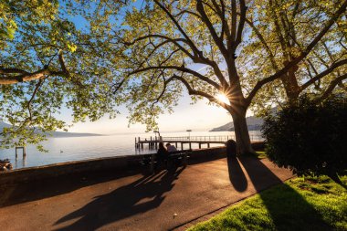 İsviçre 'de Cenevre Gölü ve İsviçre Alpleri Doğal Manzara Manzarası Sunset' te Doğa Sahili Yatay Rıhtımı. İsviçre, Vevey 'de Bahar mevsiminde Cenevre' nin Panoramik Lakeside 'ı.