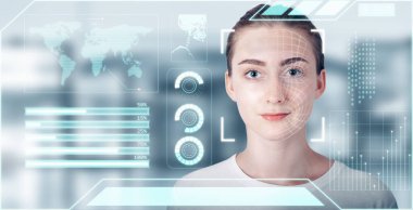 Gelecekteki Yapay Zeka Biyometrik Yüz Tanıma, Kişisel Yapay Zeka Tanıma Yüz Tanıma Akıllı Sanal Arayüz Veritabanı Teknolojisi ile Yüz Taraması. Gelecekteki Kimlik Kimliği Yüz Erişim Güvenlik Taraması 