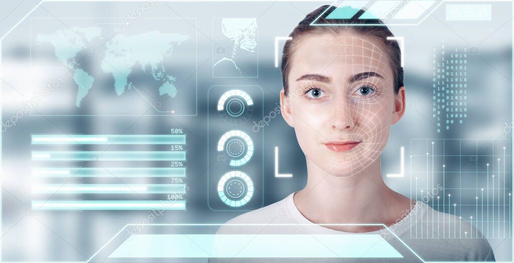 Futuristic Artificial Intelligence Biometric Facial Recognition, Personal AI Identify Face Scan With Smart Virtual Interface Database Technology. Future Identification Facial Access Security Scanning 