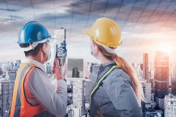 Construction Engineer and Architect Worker Team Supervision Plan to Constructing City Infrastructure Future Project, Double Exposure of Supervisor Construction Teamwork and City Buildings Background.