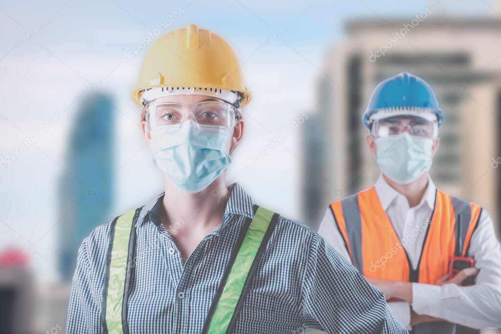 Coronavirus Covid-19 Disease Epidemic Crisis Situation, Construction Worker Standing in Line for Fever Body Scanning Thermometer Scan at Construction Site.Corona-Virus Covid19 Prevention of New Normal