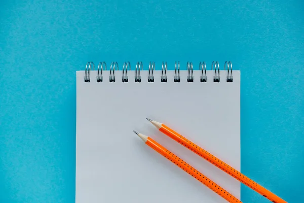Vuelta Escuela Concepto Educación Lápices Naranja Cerca Cuaderno Bocetos Sobre — Foto de Stock