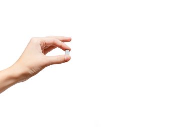 Zımba tutan el. Sabit kavramı. Beyaz arka plan, izole, yakın çekim 