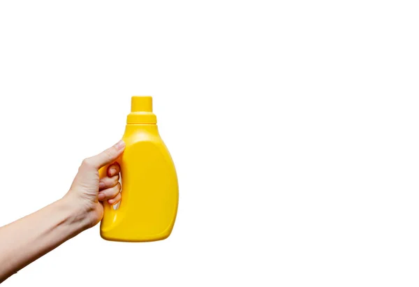 Female Hands Holding Bottle Washing Detergent Washing Powder Clean Sterile — Stock Photo, Image
