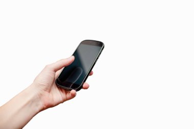 Bir cep telefonu tutan el. Alay up ve connetcion kavramı. Avrupa, eller, beyaz abstrack arka plan. yakın kadar izole.