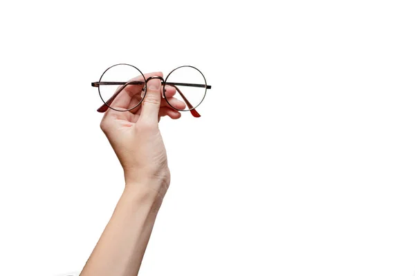 Kobiece Ręki Trzymającej Apair Okularów Wzroku Koncepcji Opieki Zdrowotnej Europejskiej — Zdjęcie stockowe