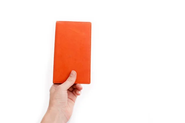 Mão Feminina Segurando Caderno Laranja Conceito Educacional Escola Volta Escola — Fotografia de Stock