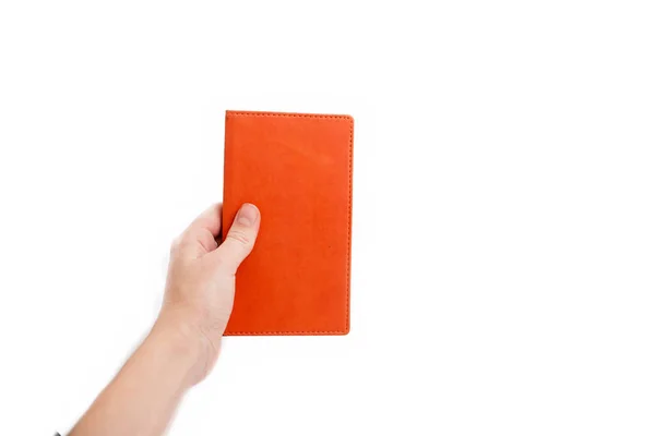 Kobiece Ręki Trzymającej Pomarańczowy Notebook Koncepcja Edukacyjna Szkoła Powrót Szkoły — Zdjęcie stockowe