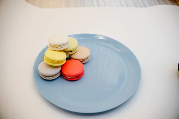 Colección de coloridos macarrones franceses están uno al lado del otro en un plato azul sobre fondo blanco —  Fotos de Stock