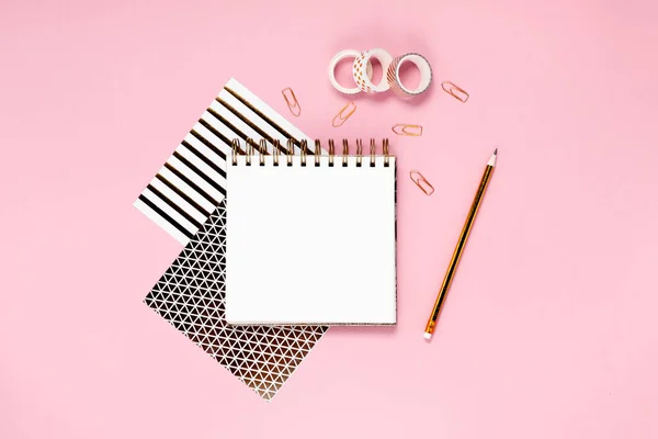 Notepad Notebooks Stationery Golden White Pink Black Stationery Back School — Stock Photo, Image
