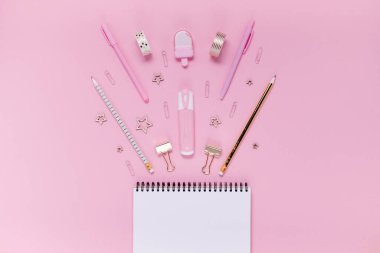 Okul konsepti not defterine, kalem kutusuna, kırtasiyeye ve okul malzemelerine geri dönelim. Üst yatay görünüm telif alanı pembe soyut arkaplan