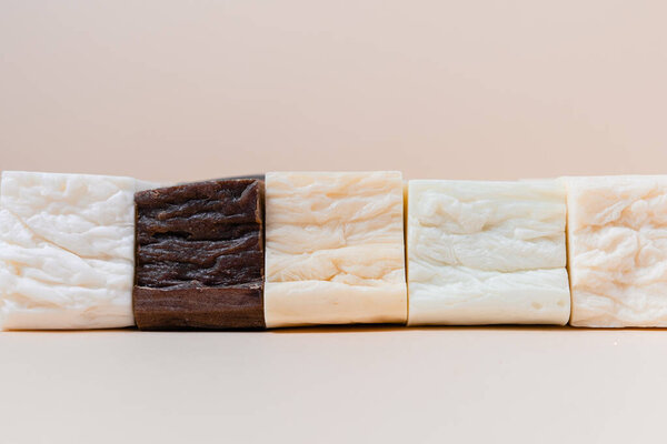 Natural organic shampoo soap bar. Top horizontal view copyspace. Hand made shampoo ecological