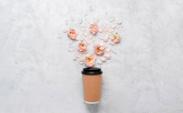 Take away Coffee cup on concrete textured marble background. Delicate concept coffee to go. Horizontal view copyspace