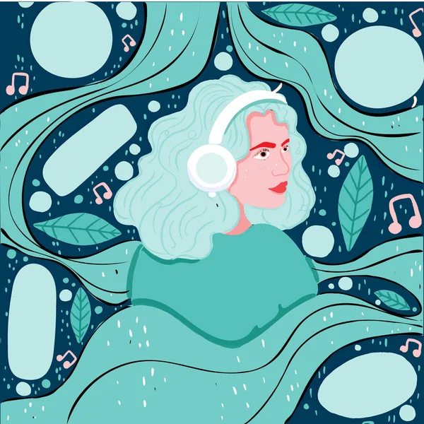 Concept Féministe Femme Écoutant Musique Dans Son Casque — Image vectorielle