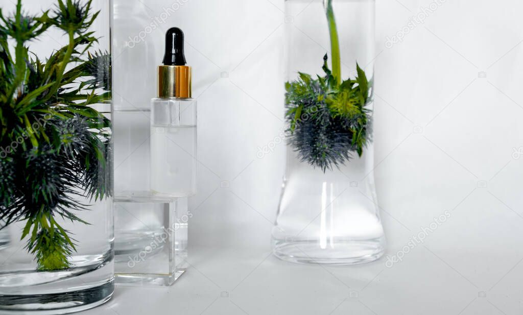 Natural hyaluronic serum on trendy abstrac background. Natural materials and skin care concept. Horizontal view copyspace.