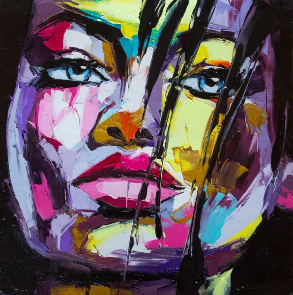 Fantasy woman\'s colorful portrait, original artwork, oil on canvas painting by a palette knife.