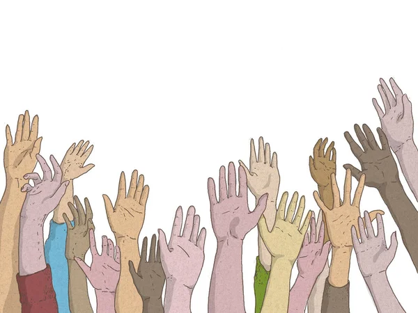 Руки Мужчин Женщин Подняты Просьбе Помощи Сообщают Присутствии Metoo — стоковое фото
