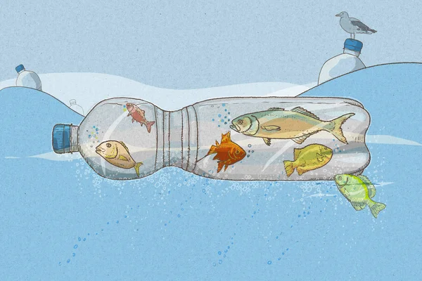 Пластикове Забруднення Морі Рибою Пляшках Океані — стокове фото