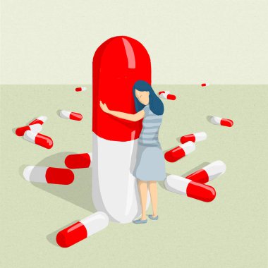 Bir kadın bir ağrı kesici ve depresyon ilaç bağımlılığı olan büyük bir hap sarılma Illustration. Kırmızı ve beyaz hap bağımlılığı melankoli ve depresyon için gösteren kız