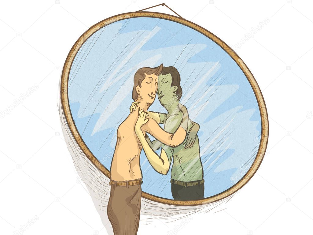 Illustration of a man in the mirror in love with himself in a self-sexual attitude. A narcissistic man who loves only himself, he embraces and kisses in front of the mirror feeling gratified by his image