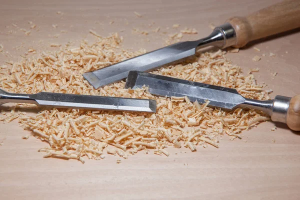 Table Chisel Blades Shavings Wood Sawdust Work Artisan Carpenter Stock Image