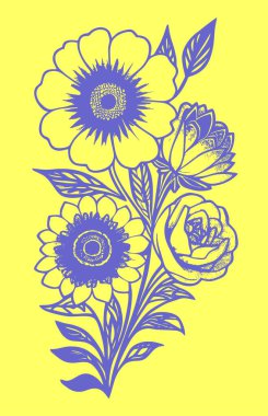 Sarı arka plan, tasarım, Ukrayna temalı bir çiçek dalının mavi grafik çizimi