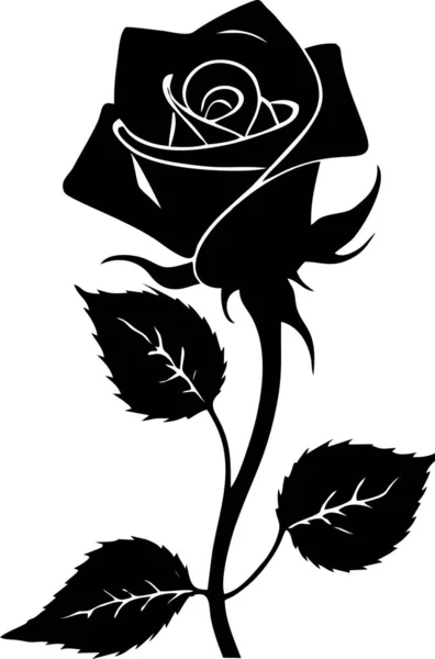 Yapraklı, tek renkli, dekoratif elementli bir gül çiçeğinin siyah grafik çizimi