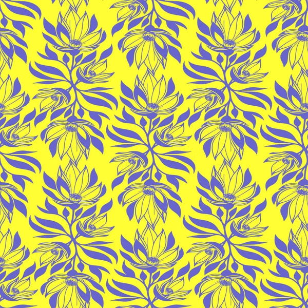 seamless blue graphic floral pattern on yellow background, texture