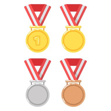 Bir spor yarışmasında birincilik için altın madalya. İkincilik için gümüş. Üçüncülük için bronz. - Zafer. Kırmızı kurdele. Düz minimalist tasarım. Simgeler. Beyaz arkaplanda izole edilmiş bir klipsiyon ayarlandı.