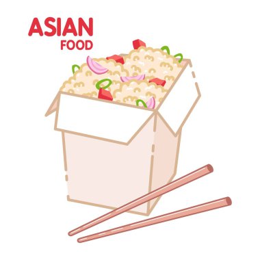 Wok with vegetables and rice. Traditional asian food. Chinese, Japanese cuisine. Fast food takeout in a box. Isolated cartoon illustration vector