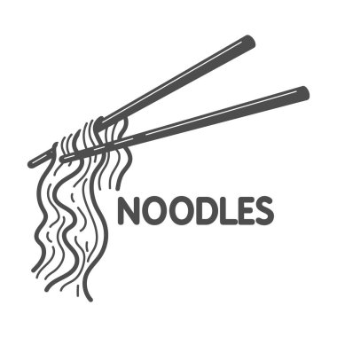 Erişte ve tahta çubuklar. Geleneksel Asya yemekleri. Çin, Japon mutfağı. Fast food servisi. Minimalist düz tasarım. Beyaz arkaplanda izole illüstrasyon.