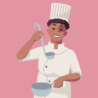 Gülümseyen genç zenci kadın yemek pişiriyor. Profesyonel Aşçı. Bir insan çorba kepçesi ve tencere tutar ve yemeğin tadına bakar. İzole edilmiş düz, basit, basit çizgi film çizimi