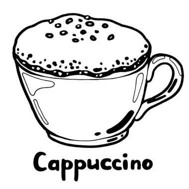 Sıcak kapuçino, kalın köpüklü ve tarçınlı. Beyaz arkaplandaki yazıyla el çizimi izole edilmiş çizim