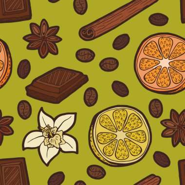 Kusursuz bir arka plan ve kahve için el yapımı katkı maddeleri. Baharatlar ve baharatlar. Vanilya çiçeği, çikolata parçaları, kahve çekirdekleri, tarçın çubuğu dilimlenmiş limon, yıldız anason.