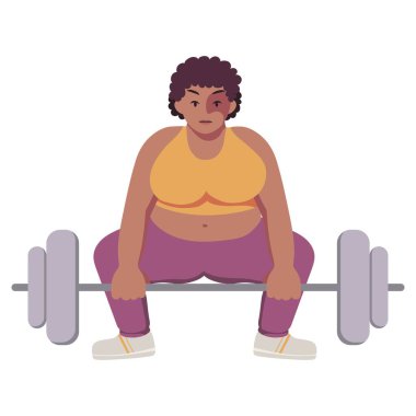 Şişman, güçlü, iri yarı, spor kıyafetleri içinde doğal saçlı bir kadın. Antrenman yapıyorum. Egzersizler. Yoğunlaşmış kişi halteri kaldırır. Deadlift sumo stili. İzole edilmiş düz minimum çizgi film çizimi