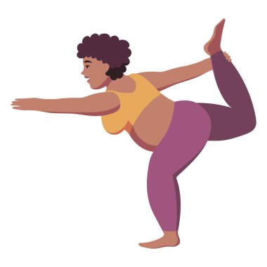 Şişman, güçlü, iri yarı, spor kıyafetleri içinde doğal saçlı bir kadın. Antrenman yapıyorum. Egzersizler. Yoga yaparken gülümseyen kişi. Dansçı pozu. Denge. İzole edilmiş düz, basit, basit çizgi film çizimi