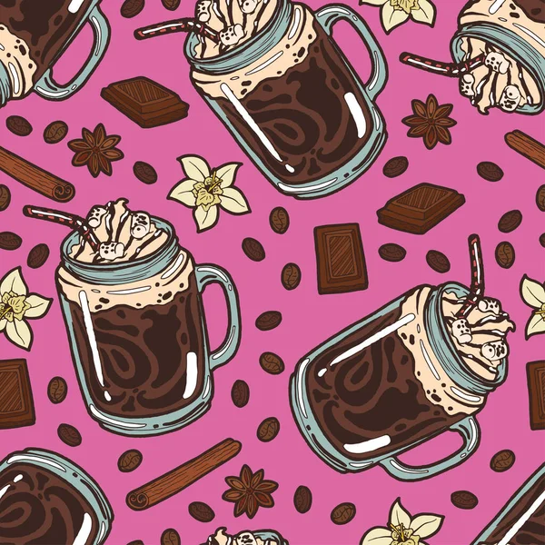 ホイップクリーム シロップ マシュマロ 瓶の中のストロー バニラフラワー チョコレート コーヒー豆 シナモン アニスと手描きのホットチョコレートのパターンとシームレスな背景 — ストックベクタ
