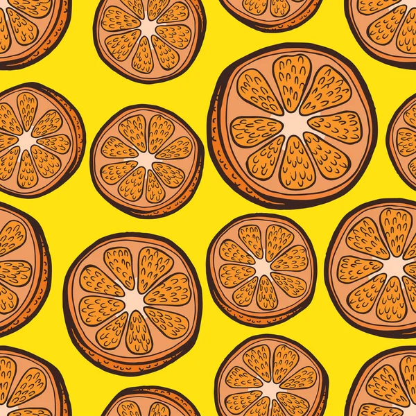 手描きのオレンジのスライスした作品のパターンとシームレスな背景 — ストックベクタ
