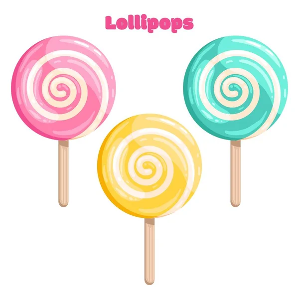 Parlak renkli lolipop. Çocuklar için tatlı. Çubukta şeker. Pembe, mavi, sarı spiral. Beyaz arkaplanda izole çizgi film illüstrasyon kümesi