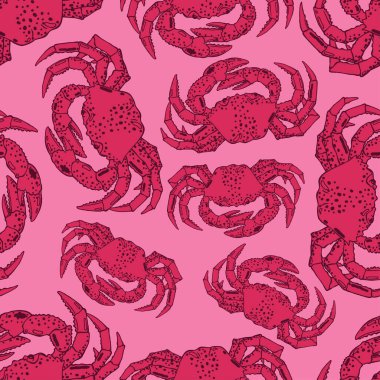 Deniz ürünlerinin grafik vektör çizimi, pembe arkaplanda yengeçler