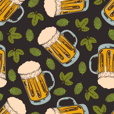 Kusursuz bir arka plan, şeffaf bir el çizimi bardağı köpüklü ve köpüklü taze bira, zıplama konisi ve yaprak.