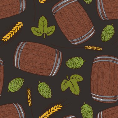 Kusursuz bir arka plan, bira için eski ahşap fıçı, hop yaprakları ve kozalaklar, arpa kulakları.