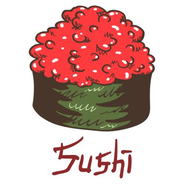 Geleneksel lezzetli suşi nigirzushi gunkan ve kırmızı tobiko balığı havyarı. Beyaz arkaplandaki yazıyla el çizimi izole edilmiş çizim