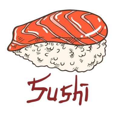 Geleneksel lezzetli suşi nigirzushi ile kırmızı somon balığı filetosu. Beyaz arkaplandaki yazıyla el çizimi izole edilmiş çizim